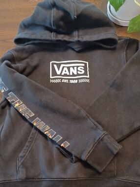 Vans Black Hoodie with White Logo and Orange Accent Sleeve